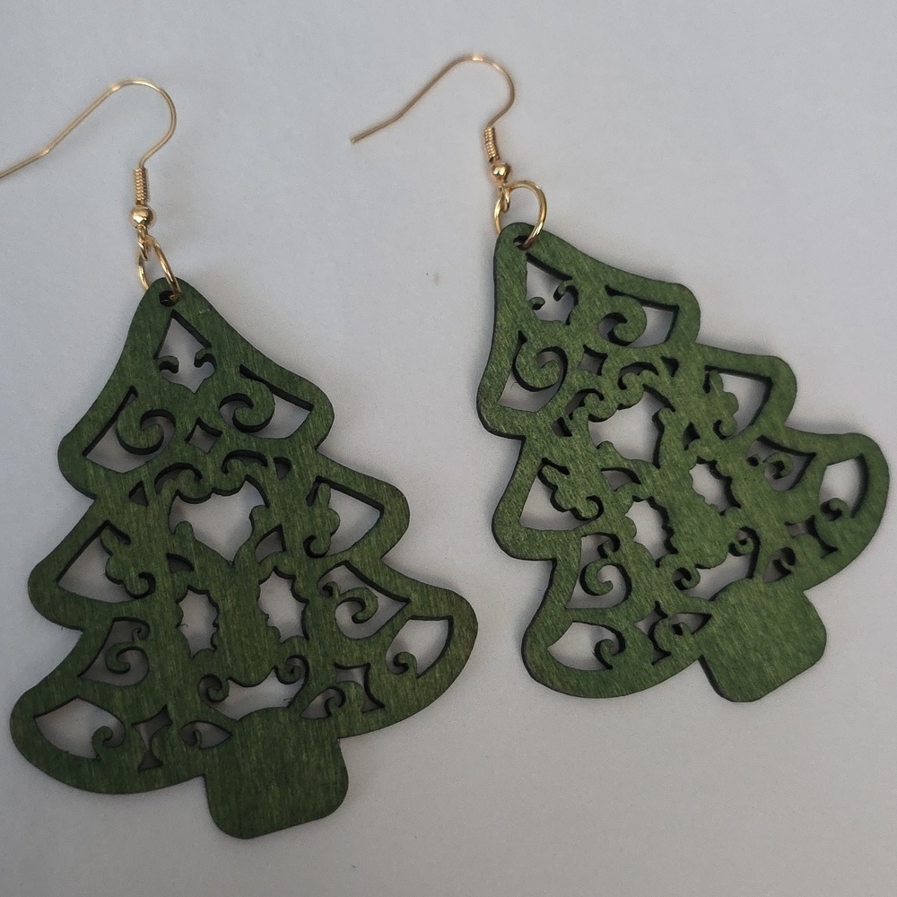 Boho WOOD Cut out Christmas Tree Earrings super Lightweight